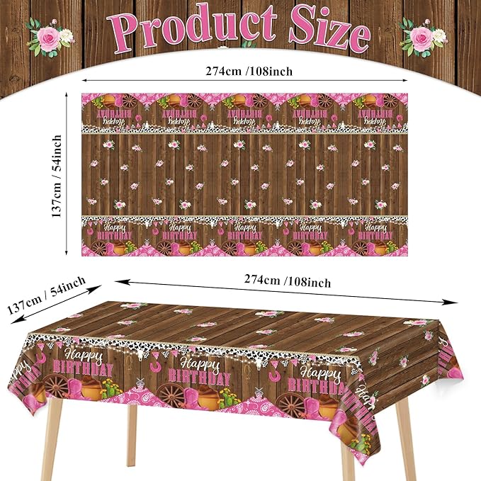 3 Pcs Western Cowgirl Birthday Party Tablecloth 108 x 54 Inch Cowgirl Theme Tablecover Plastic Cowboy Rodeo Table Cloth West Theme Party Decoration and Supplies for Girl Birthday Baby Shower Party