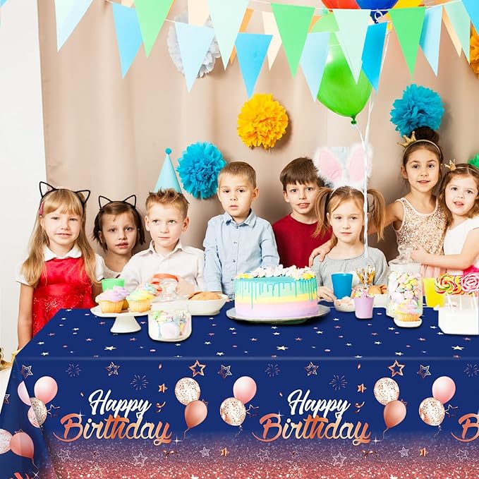 Tegeme Navy Blue Party Supplies Stars Happy Birthday Tablecloths Starry Confetti Table Covers for Kids Boys Girls Baby Shower Birthday Party Decorations(Navy Blue and Pink,3 Pack)