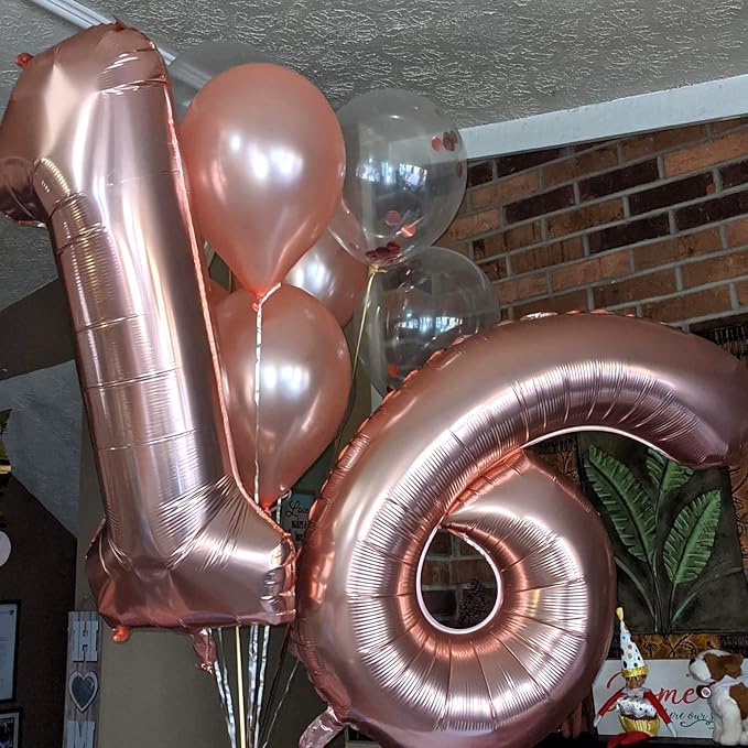 Rose Gold 16th Birthday Balloons for Girls, 40 Inch Big Mylar Foil Number 1 and 6 Balloons Self Inflating Rose Gold 16 Balloons Number for Women 16th Anniversary Party Decorations Supplies