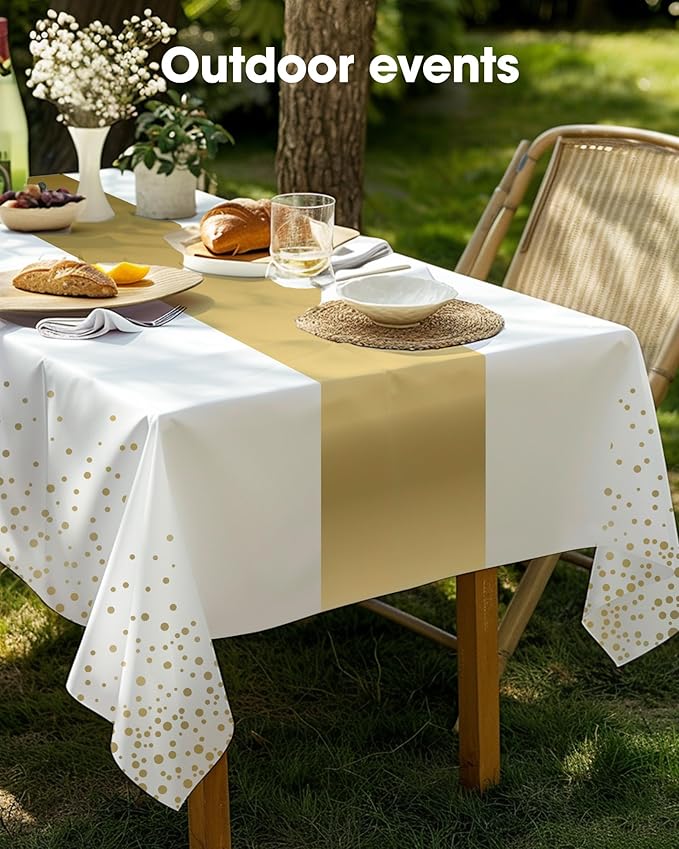 Pureegg Plastic Table Cloth Disposable 10 Pack, 54 x 108 Inch, Table Runner Style, Graduation Decorations 2026, Party Tablecloths, Rectangle, Plastic Cover, Leakproof & Sturdy, White Gold