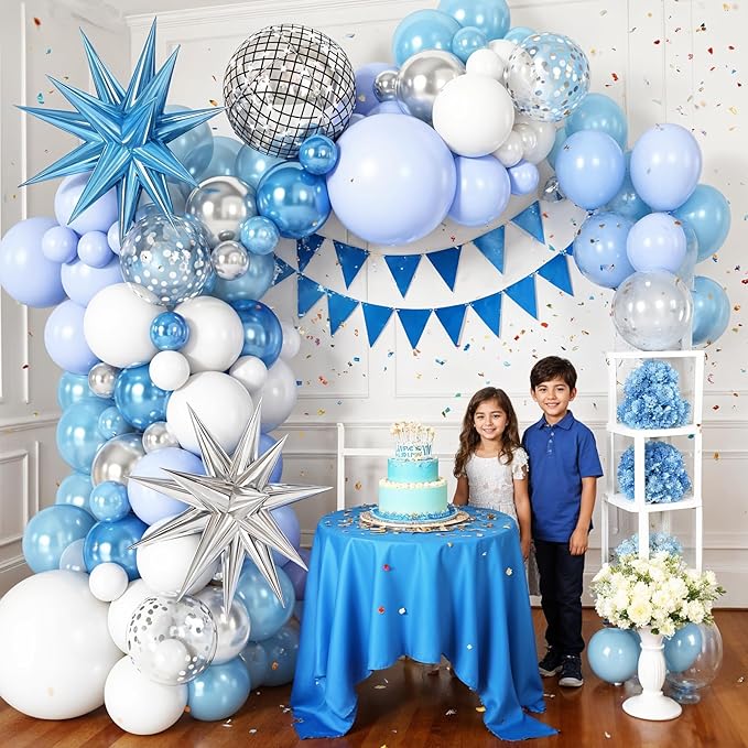 Blue White Silver Balloon Arch Garland Kit with Disco Ball Balloons Star Foil Balloons for Boys Men Disco Birthday Party Graduation Decorations