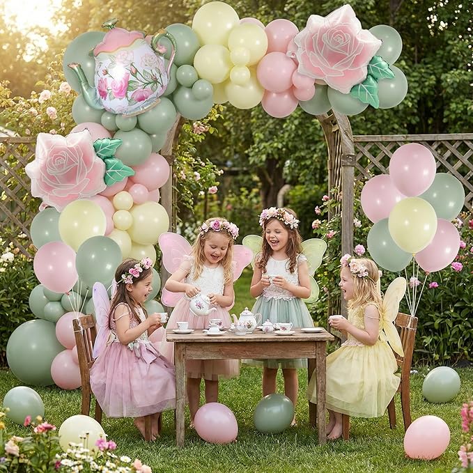 146Pcs Tea Party Balloon Garland Kit with Pink Green Yellow Teapot & Floral Balloons for Tea Party Baby Shower Decorations, Garden Party, Bridal Shower, High Tea, Let’s Partea Decor