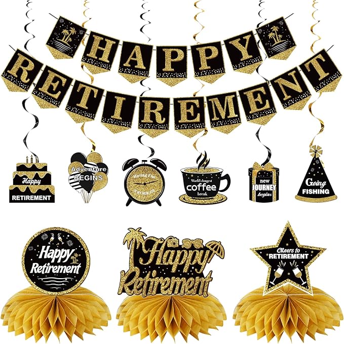 Happy Retirement Party Decorations Kit for Men Women, Black Gold Retirement Banner Honeycomb Centerpieces Swirls Retired Farewell Party Set Party Supplies for Indoor Outdoor