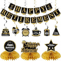 Happy Retirement Party Decorations Kit for Men Women, Black Gold Retirement Banner Honeycomb Centerpieces Swirls Retired Farewell Party Set Party Supplies for Indoor Outdoor