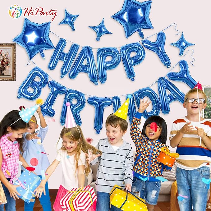HiParty 23pcs Birthday Balloons Banner, 3D Blue Premium Mylar Foil Ecofriendly Letter Happy Birthday Banner with 5pcs Star Balloons Kits for Kids Boys Men Adults Birthday Party Decorations Supplies