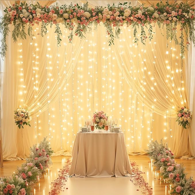 10x10FT Champagne Wrinkle Free Backdrop Curtains with Lights String for Parties - Photo Curtain Backdrop with Lights for Wedding Decorations, Bridal Baby Shower Birthday Party Photography Background