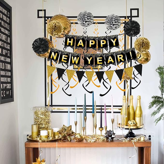 Happy New Year Set Black Banner with Gold Black Paper Flag Bunting Swirl Streamers & Pom Poms for Happy New Year Party Decorations
