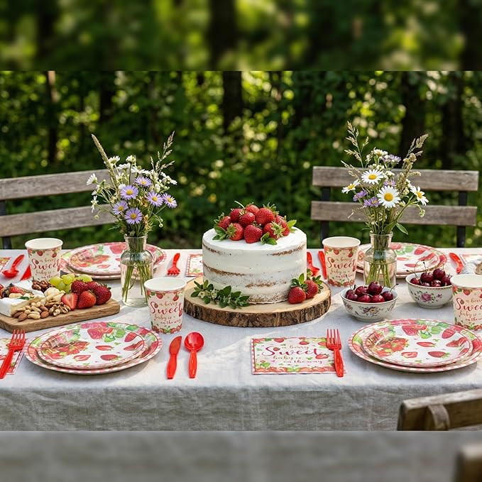 350 Pcs Sweet Baby Shower Party Supplies a Berry Sweet Baby Is on the Way Tableware Set Strawberry Disposable Plates Napkins Paper Cup Plastic Cutlery Serves 50