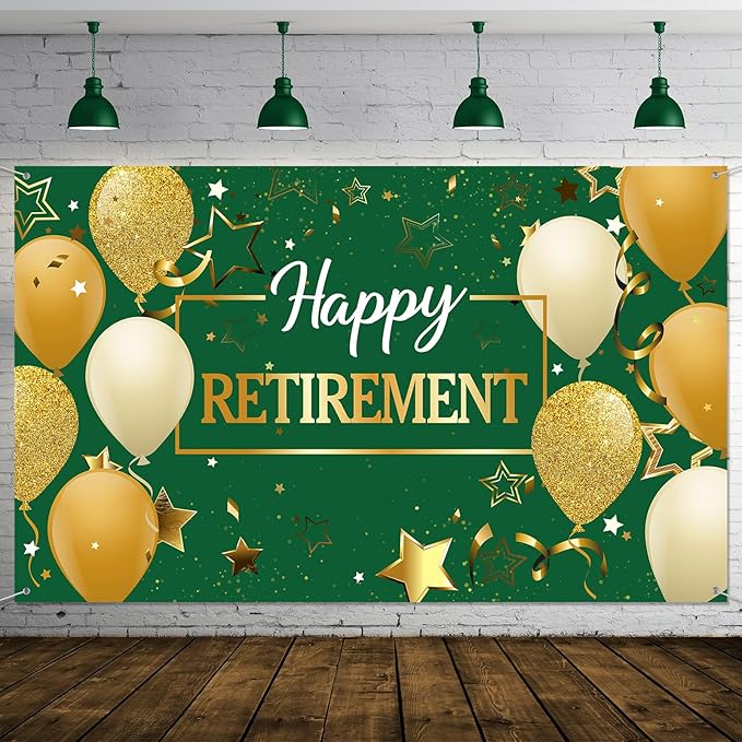 Blulu Retirement Party Decorations, Extra Large Fabric Retire Sign Banner Photo Booth Backdrop Background with Rope for Retirement Party Favor(72.8 x 43.3 Inches,Green and Gold)
