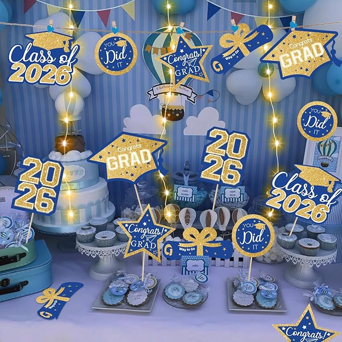 OuMuaMua Graduation Decorations Class of 2026-30pcs Blue and Gold Graduation Table Centerpieces Sticks Table Toppers with Lights for College High School Congrats Grad Party Supplies
