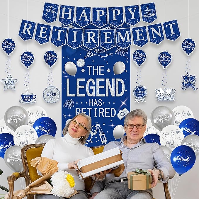 Roetyce Retirement Party Decorations for Men Women, Blue Silver Happy Retirement Banner Balloons Hanging Swirls Kit, Lengend Has Retired Backdrop for Coworker, Office Retired Party Supplies