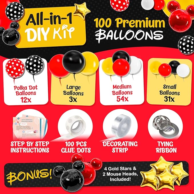 ALL-IN-1 Mickey Balloon Arch Kit with BONUS Mouse Heads & Gold Stars for Mouse Birthday Decorations - Mickey Balloons for Cartoon Mouse Clubhouse Birthday Decorations - Disney Balloons, Mickey Party