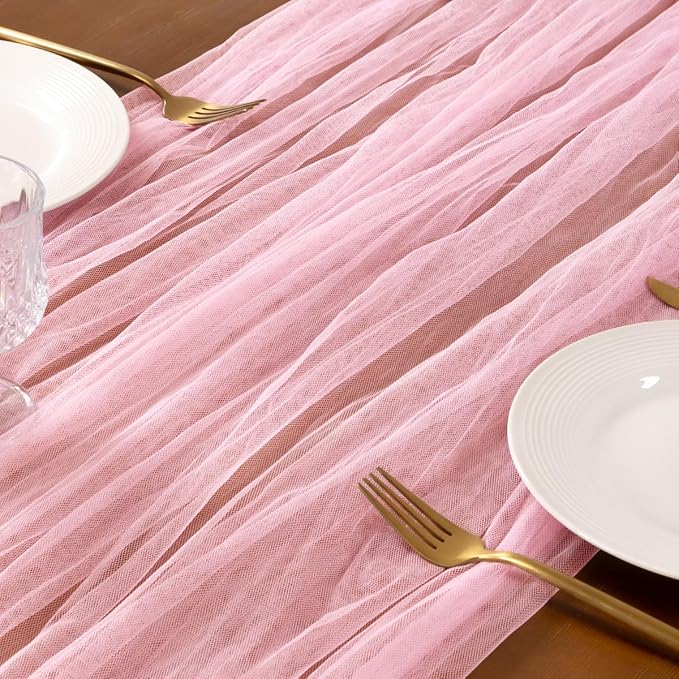 Socomi Pink Cheesecloth Table Runner Tulle Gauze Cheese clothBoho Rustic 120 inch 10FT Runner for Wedding Party Baby Shower Birthday Holiday Decorations 1pc