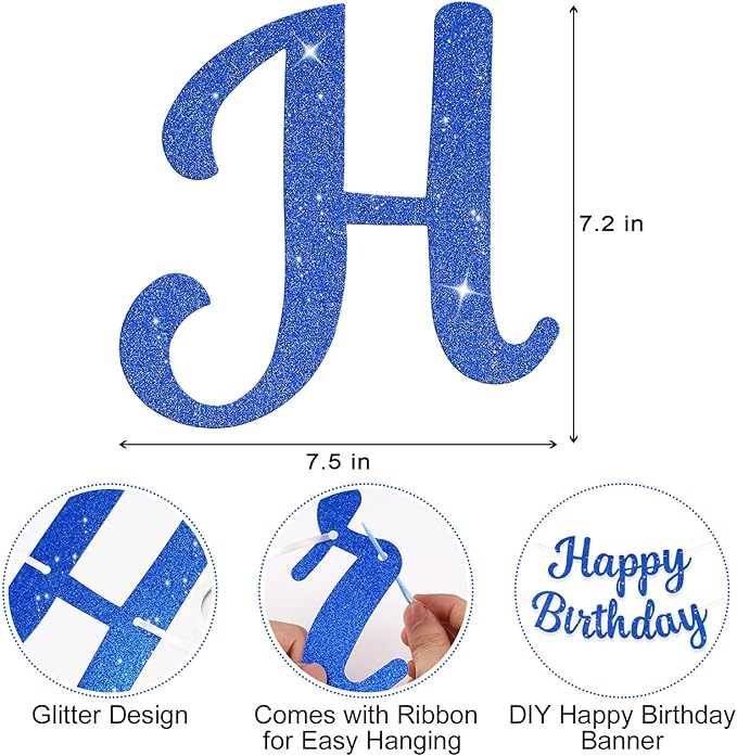 Glitter Happy Birthday Banner Sign Birthday Garland Wall Door Banners Flag for Women Men Boys Girls Party Backdrop Decorations Blue