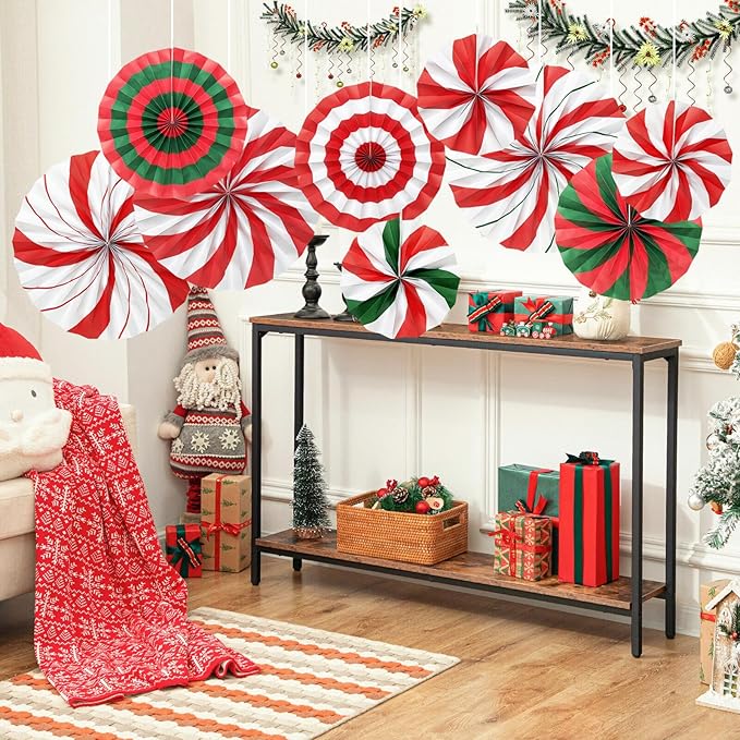 9 Pcs Christmas Party Decorations, Red and Green Hanging Candy Paper Fans Candy Cane Wall Ceiling Decor for Xmas Party, Classroom, Office, Birthday