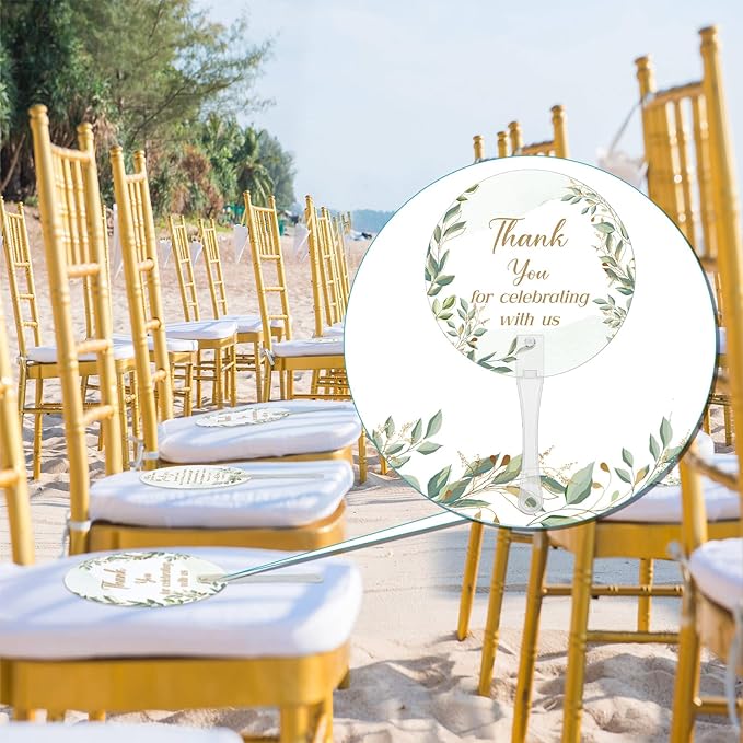 100 Pcs Wedding Hand Fans for Guests Bulk Decorative Plastic Handheld Wedding Favor Fans with Handle Thank You for Celebrating with Us for Ceremony Bridal Shower Party Decor(Leaf)