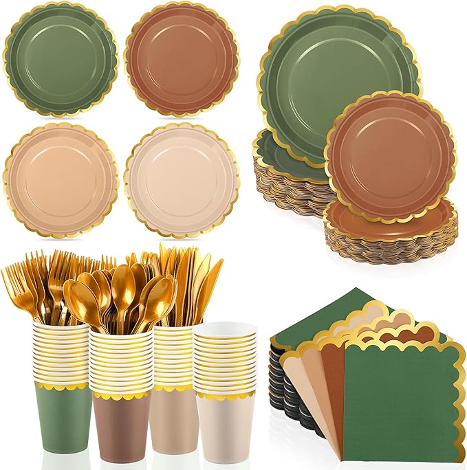 Kochorie 140 PCS Woodland Party Supplies for 20 Guests Disposable Dinnerware Set Includes Scalloped Plates Napkins Cup Cutlery Tableware Set for Birthday Party Wedding Baby Shower Picnic
