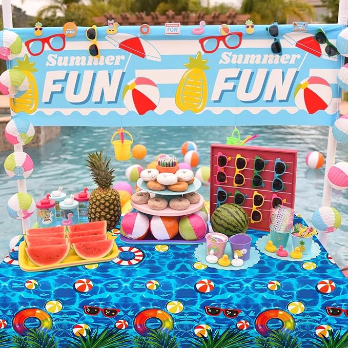 PHOGARY 3 Pieces Summer Beach Tablecloths Pool Party Table Covers Beach Ball Plastic Tablecloth Ocean Waves Tablecover for Pool Party Decorations