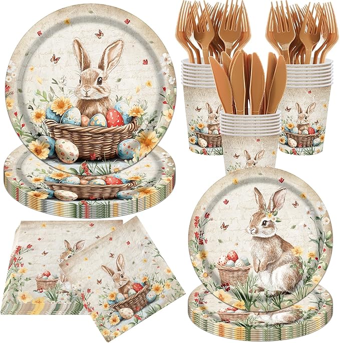 Easter Party Supplies,120Pcs Vintage Easter Paper Plates,Napkins,Knives,Forks Spring Easter Bunny Egg Flower Party Tableware for Easter Holiday Party,Happy Easter Decoration