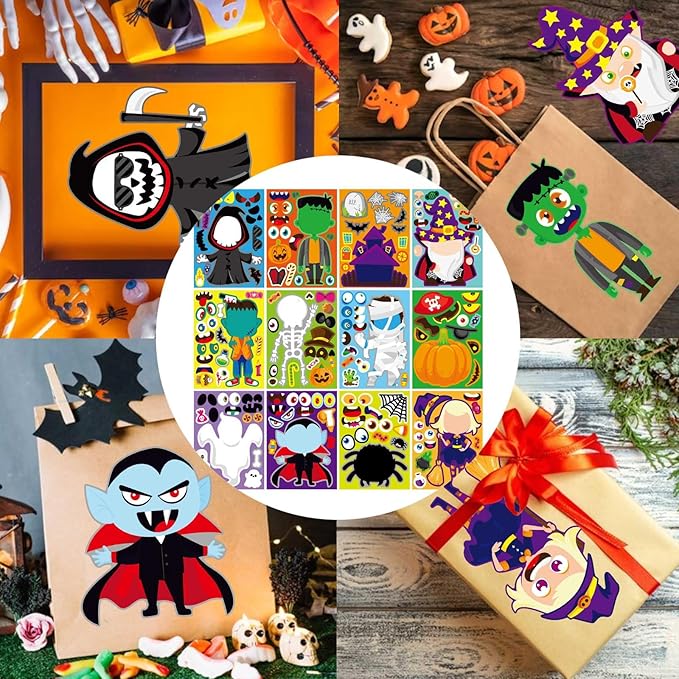 24 Sheets Halloween Stickers for Kids, Halloween Decorations, Kids Party Games, Face Stickers, Vinyl, Waterproof, Cartoon, Halloween Style