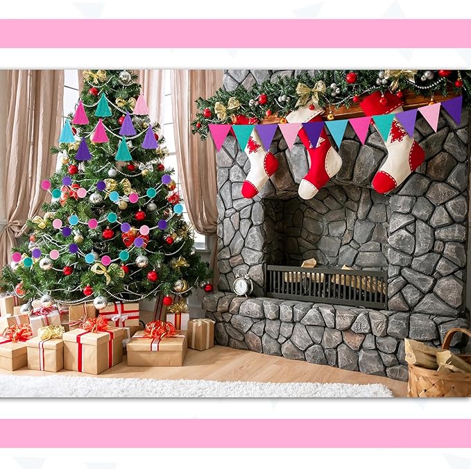 Irenare 9.8ft Pom Pom Garland Felt Rainbow Garland Graduation Party Decoration Colorful Pennant Tassel Banner Birthday Baby Shower Triangle Banner for Classroom School Mantel Fireplace(Mermaid Colors)
