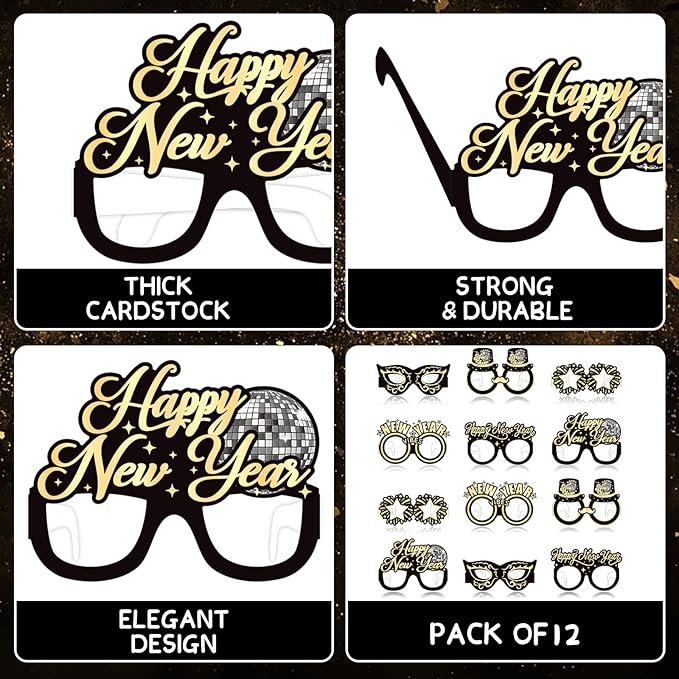 YQUQWN 12 PCS Happy New Year Glasses 2026 New Years Eve Party Supplies 2026 NYE Disco Party Decorations