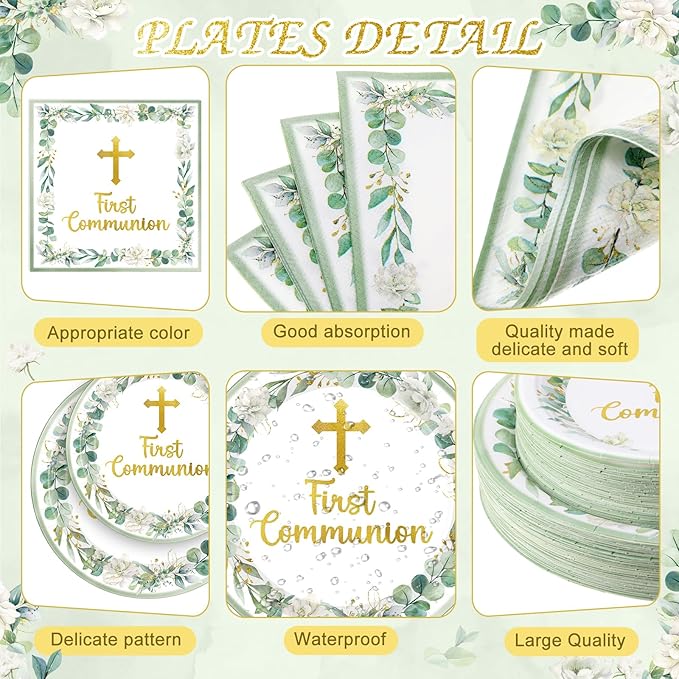 Ceenna 452 Pcs First Communion Party Decoration Boy for 50, Green Baptism Paper Plate Napkin Cup Tablecloth Cutlery Straw God Bless Disposable Tableware for Christening Religious Baby Shower Supplies