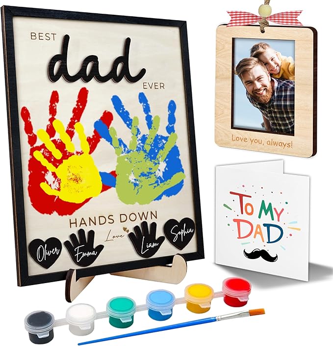 10" Best Dad Ever Hands Down DIY Handprint Kit with Acrylic Paint, Art Craft Family Keepsake Wood Frame Dad Keychain Birthday Gift Father's Day for Daddy, Papa Family Sign with Kids Names HF90-D