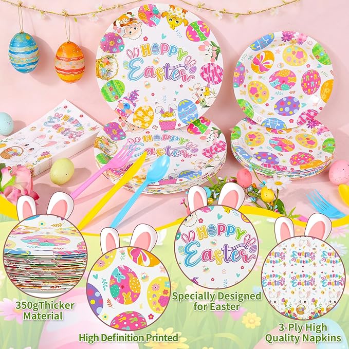 144 Pcs Disposable Easter Plates and Napkins Set-9 Inch Dinner Plates and 7 Inch Dessert Plates with Napkins and Flatware-Bunny Egg Tableware with Happy Easter-Spring Party Supplies for 24
