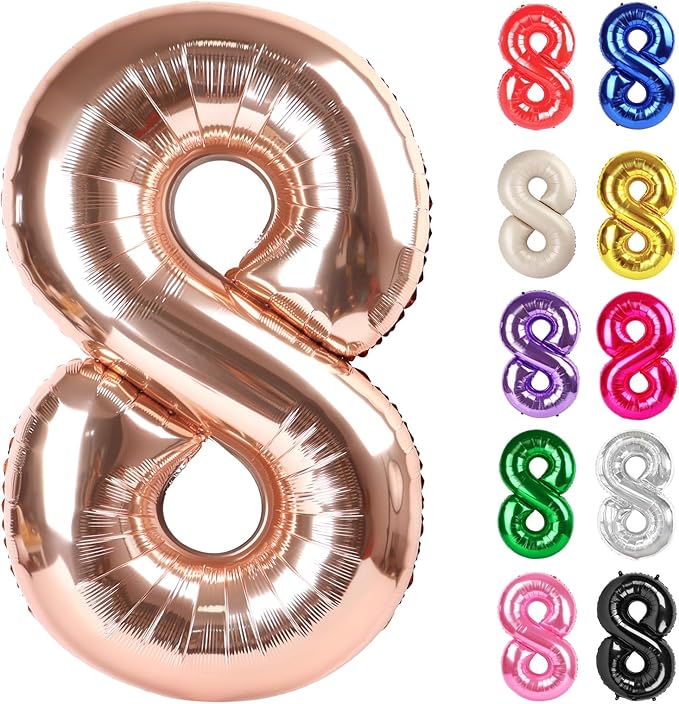 Rose Gold Number 8 Balloon 40 Inch, 8 Balloon Number, 8th Birthday Decorations, Rose Gold Party Supplies for Boys Girls