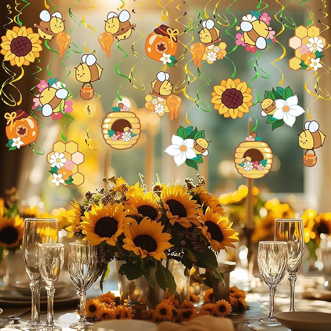 Bumble Bee Hanging Swirl Decorations, 48Pcs Bee Party Swirls Ceiling Streamers for Spring Summer Themed Party Supplies