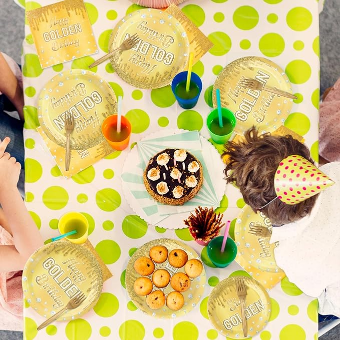 Happy Golden Birthday Gold Glitter Golden Diamond Party Plates Supplies - Serves 24-96Pcs Party Tableware Decorations Disposable Paper Plates Napkins Forks for Birthday Anniversary