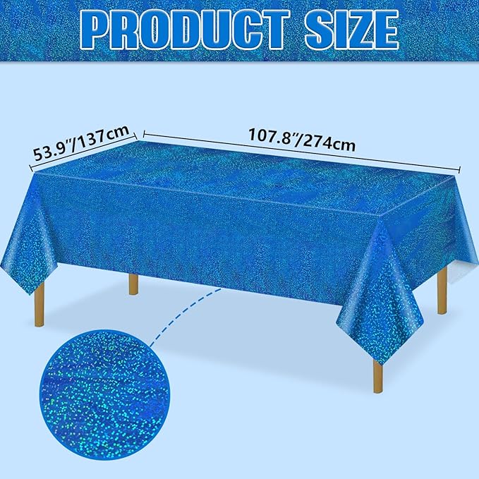 4Pcs Blue Holographic Tablecloths Rectangular Blue Iridescent Tablecloth Shimmer Metallic Table Covers for Baby Shower Birthday Wedding Ocean Theme, 54x108Inch
