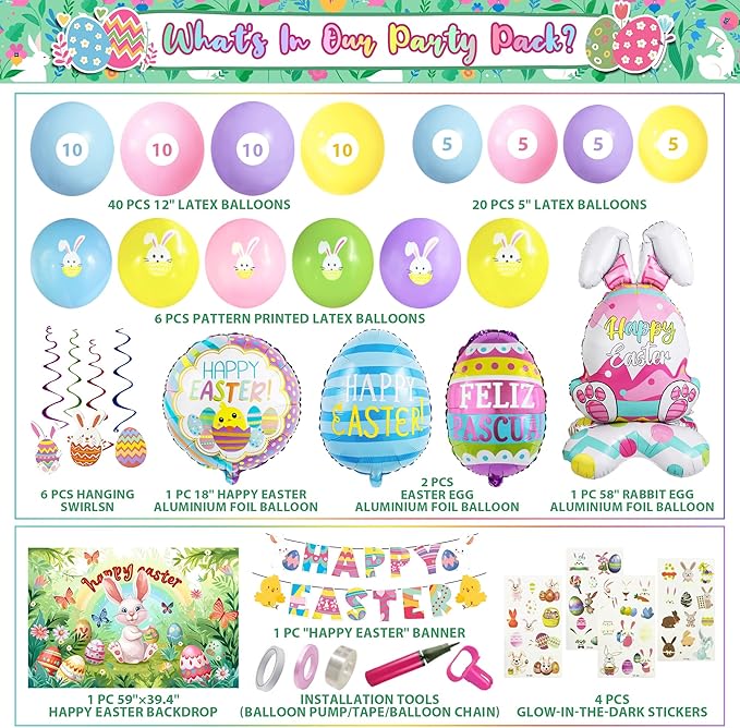 Party Spot! 101 PCS 2026 Easter Party Decorations Set, Easter Party Supplies, Easter Balloon Arch Garland Kit, Happy Easter Backdrop, Banner, Easter Egg Balloon, and Hanging Swirls