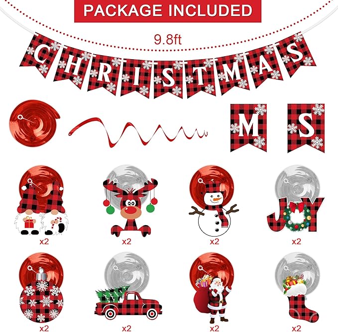 Christmas Hanging Swirls Decorations - NO DIY - Buffalo Plaid Merry Christmas Banner Christmas Ceiling Hanging Streamers, Xmas Hanging Decorations Indoor for Office Christmas Holiday Party Decorations