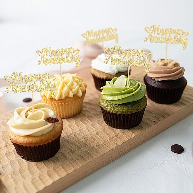 Gyufise 24 Pieces Gold Glitter Happy Anniversary Cupake Toppers Anniversary Party Supplies Cake Decoration Wedding Anniversary Celebration Party Decoration Supplies
