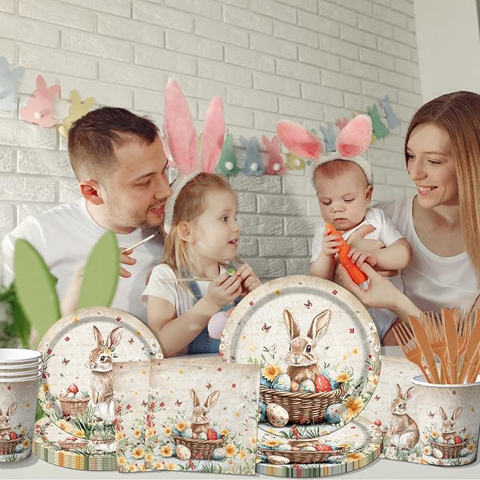 Easter Party Supplies,120Pcs Vintage Easter Paper Plates,Napkins,Knives,Forks Spring Easter Bunny Egg Flower Party Tableware for Easter Holiday Party,Happy Easter Decoration
