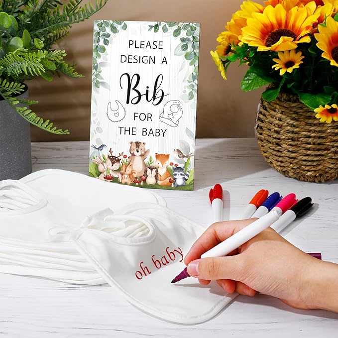 Panitay 43 Pcs Baby Shower Games White Bibs Design, Include Wooden Baby Shower Game Sign, 30 DIY Blank White Bibs, 12 Markers for Gender Reveal Party Decorating Supplies(Woodland Animal)