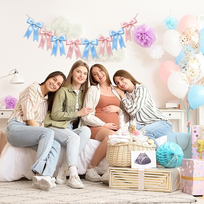 2 Strings of 16PCS Baby Pink&Baby Blue Bow Garlands Banner Decoration,Pre-Strung Satin Ribbon Ornaments for Gender Reveal Party,Baby Shower,Birthday,Bridal Shower,Graduation Decor,Anniversary,Wedding