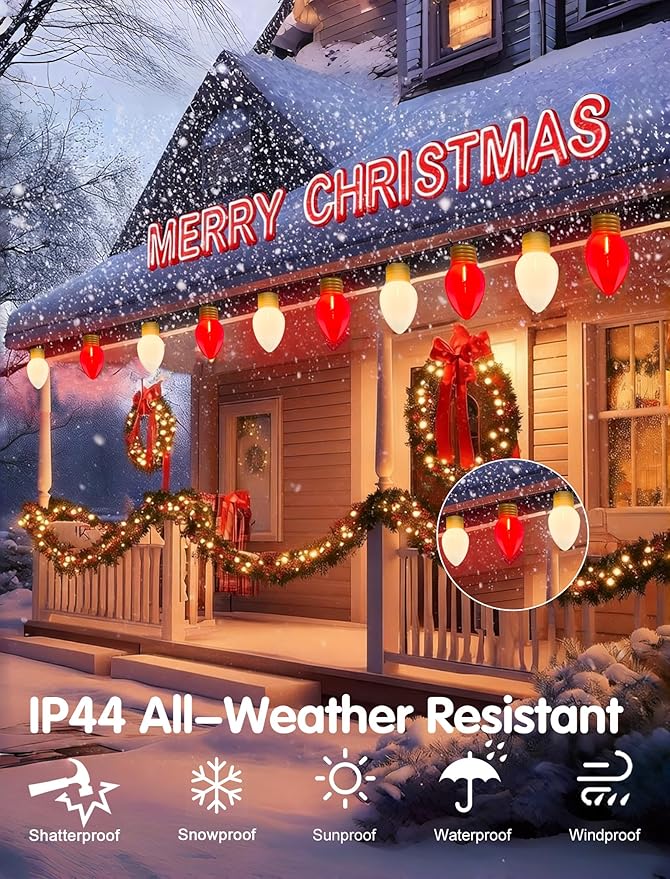 16FT Jumbo Red and White Christmas Lights Outdoor with 10 LED Red and White Bulbs,Jumbo Giant Christmas String Lights for Tree Holiday Home Roof Yard Garden Decorations
