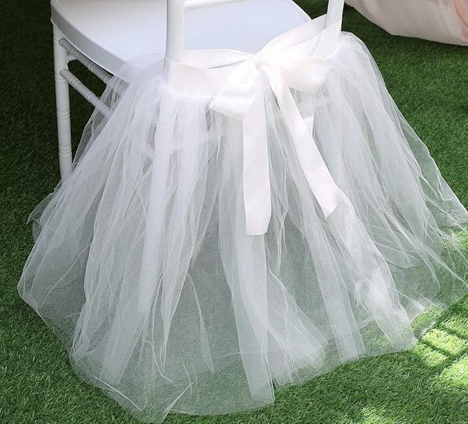 UNIQOOO Chair Tulle Tutu Decoration for Bridal Shower | Birthday Party, Veil Fluffy Look in White Color - Great for Wedding, Baby Shower – Party Accessory Supplies, 20” x 20” - Fit Standard Chair