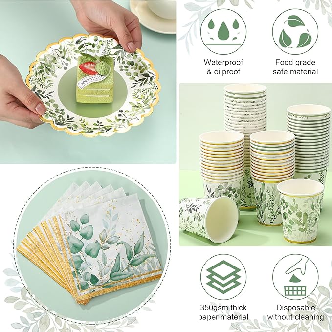Yungyan 216 Pcs 72 Guests Greenery Plates and Napkins Party Supplies Sage Green and Gold Scalloped Disposable Eucalyptus Paper 6" Plates, Napkins and 9 oz Cups Set for Baby Shower Wedding Decoration
