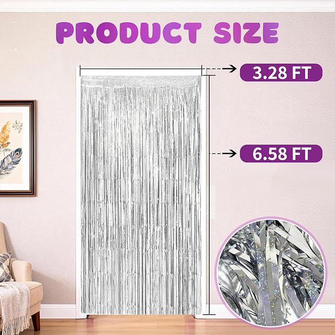 2 Pack Shiny Silver Foil Fringe Curtains | Party Streamers & Photo Booth Backdrop for Birthday, Wedding, Baby Shower, Bachelorette, Graduation & Christmas
