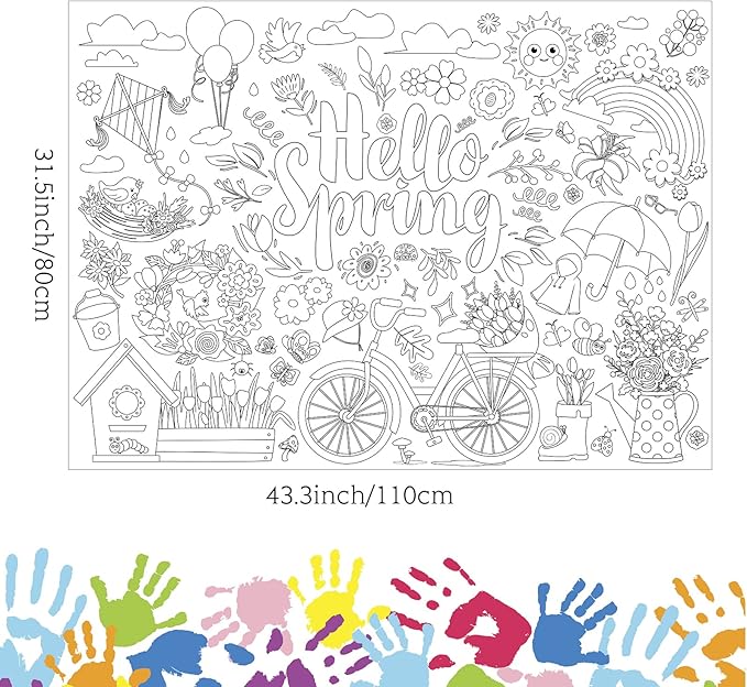ZOIIWA Hello Spring Coloring Poster for Giant Coloring Poster Large Spring Coloring Tablecloth Jumbo Coloring Books for Home Birthday Party Supplies Favor 31.4 x 43.3 Inch