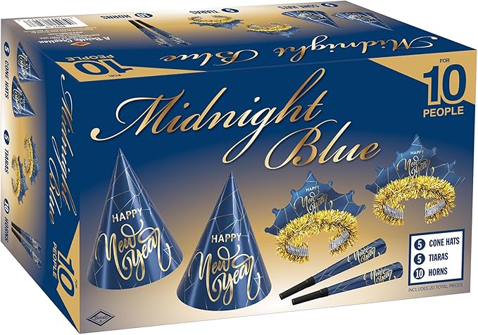 Beistle Midnight Blue New Year Party Kit for 10 – Celebration Set of NYE Accessories, Cone Hats, Fringed Tiaras & Foil Horns, Elegant Metallic Navy & Gold New Year’s Eve Countdown Headwear Supplies