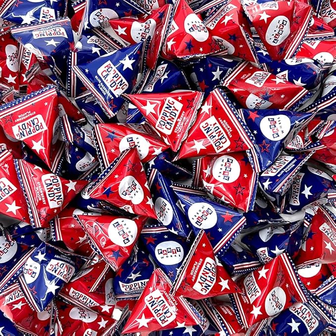 PartyWorks Patriotic Candy - 40 Count Bag - Popping Rocks Pouches - 4th of July Candies - Strawberry, Blue Raspberry Flavors - Individually Wrapped Triangles