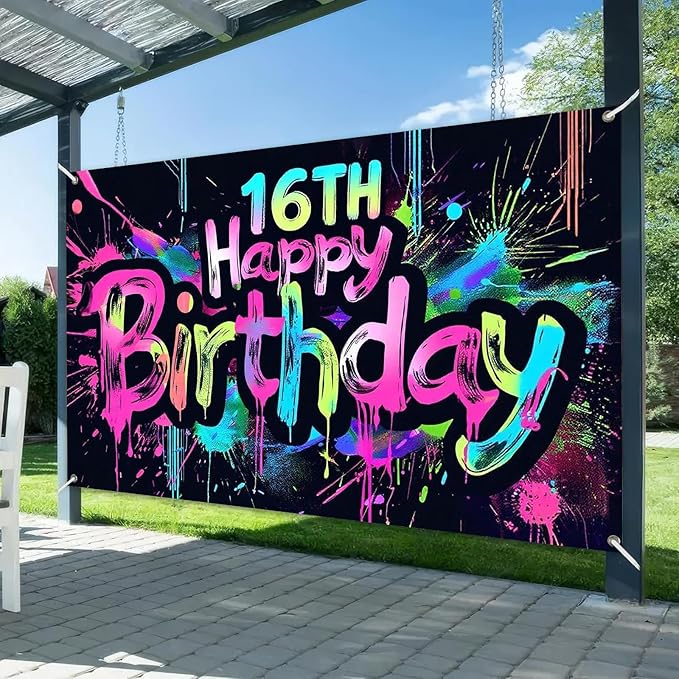 Glow in The Dark 16th Birthday Banner 71x43 Inch Colorful Paint Splatter Backdrop for Teen Boys Girls Fourteenth Party Decorations Neon Wall Decor Celebration Photo Booth Props Supplies