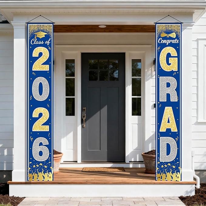 OHOME Graduation Decorations 2026 - Blue Gold Congrats Grad Porch Banner for Graduation Party Decorations - Class of 2026 - Party Favors Supplies Backdrop Yard Signs Decor (Blue)