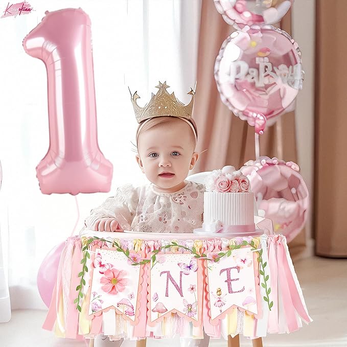 Highchair Banner 1st Birthday Girl Floral and Butterfly Fairy Theme First Birthday Party Decoration for Photo Background