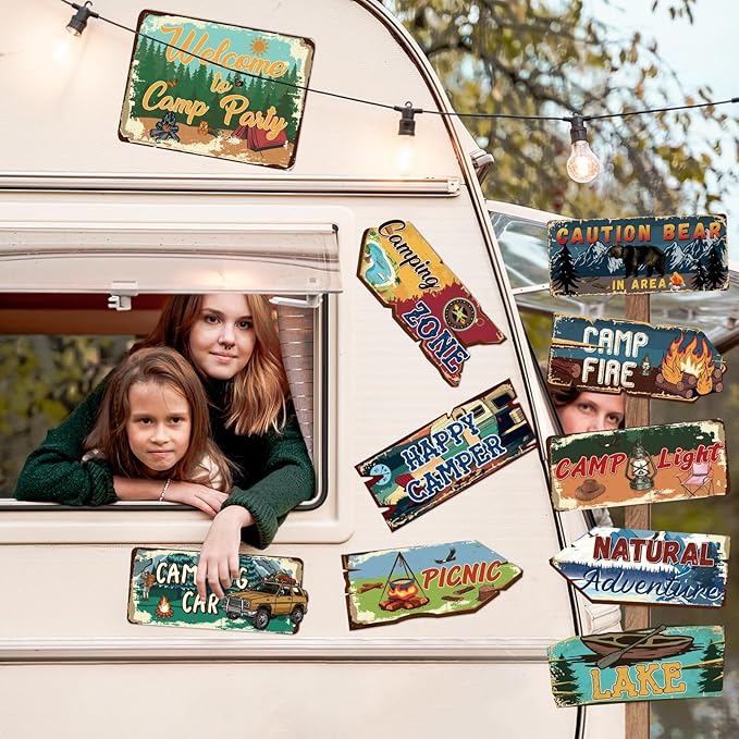 Hooqict 20 Pieces Camping Party Decorations Camping Themed Party Directional Signs for Summer Camp Day Classroom Welcome to Camp Birthday Decor Picnic Yard Sign